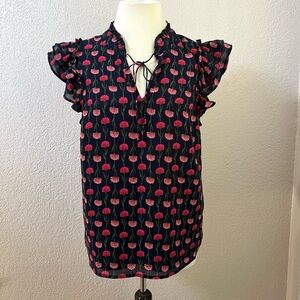 J Crew Red Blue Pink Green Floral Ruffled Short Sleeves Casual Blouse Tops Small